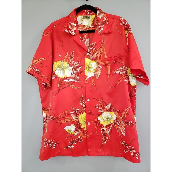 Vintage 60s LAUHALA Hawaiian Floral Print Mens Button Shirt XL‎ Made Hawaii Red